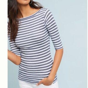 Michael Stars for Anthropologie Shine Boat Neck Striped 3/4 Sleeve Top Size M/L